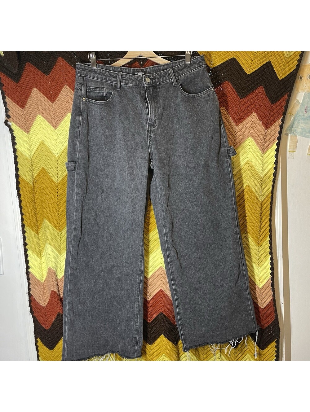 PrettyLittleThing Wide Leg Jeans sz 10 Blue Petite Vintage Black Goth Carpenter